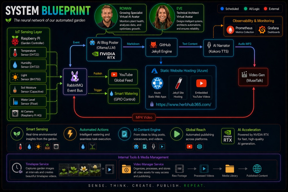 Herb Hub 365 system blueprint — Raspberry Pi sensors, RabbitMQ event bus, LLM content pipeline, video generation and Azure hosting
